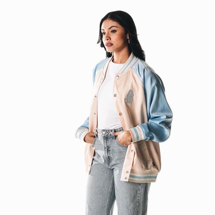 Chicago Cubs 1914 Women's Oversized Satin Bomber Jacket by The Wild Collective Jackets & Outerwear THE WILD COLLECTIVE