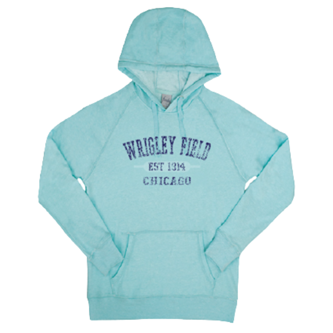 WRIGLEY FIELD AQUA DISTRESSED LETTERING HOODIE